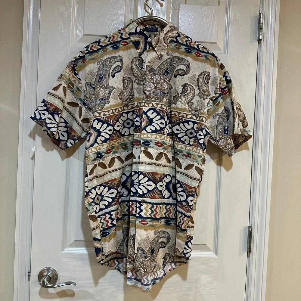 Chaps Ralph Lauren Mens Large Paisley Tribal Print Cotton Button Down Shirt Tan